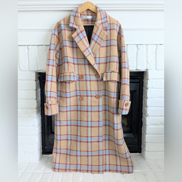 Jackets & Blazers - Walk In Dark Plaid COTTON Blend Long Oversized Coat Double Breasted Size M